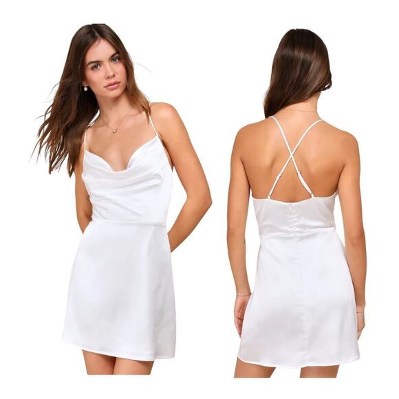 Lulus Dresses & Skirts - NWOT Lulus Luxe Reputation White Satin Sleeveless Cowl Neck Mini Dress Size XL